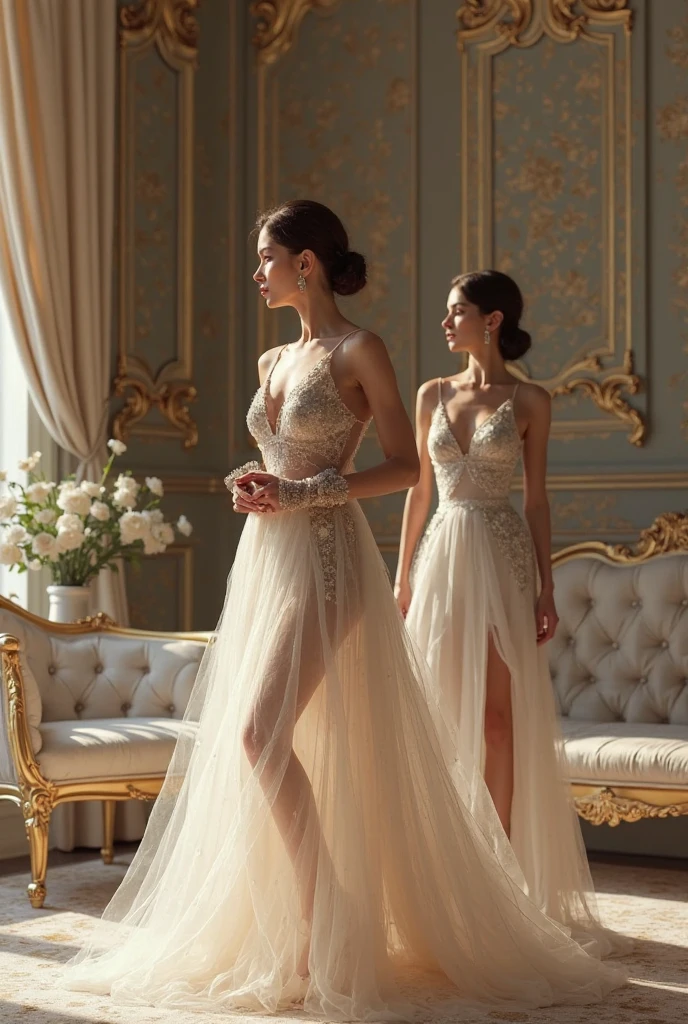 1 femme jolie, debout, robe de soirée sexy, retirant d'un côté sa chaussure à talon haut, descendant des petites marches