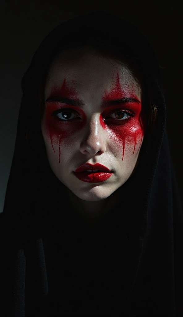 A close-up of a woman’s face, seemingly painted with a mixture of white, black, and red paint. The paint appears to be thick and smeared in various places, especially around the eyes and mouth. The eyes are intense, with a deep gaze, and the overall mood of the image is dark and dramatic.