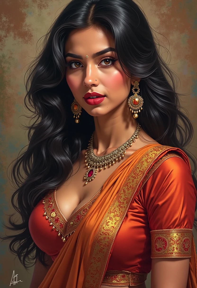 Portrait of confident-looking indian woman in bikini with pottu and long flowing hair, wearning painted kimono, hazel eyes, medium_breasts,random pose, perfect composition, hyperrealistic, super detailed, 8k, high quality, sharp focus, studio photo, intricate details, highly detailed, ), (softer lighting: 1.05), (increase the quality of cinematic lighting: 0.9), realistic lighting, backlight, light on the face, ray trace, (bright light: 1.2), (increase quality: 1.4),