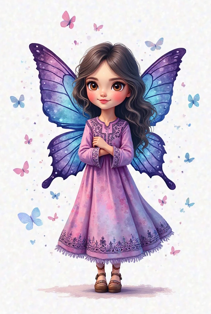 baby drawing, De pele clara, dark brown eyes, short, medium wavy dark hair with lilac tiara and butterfly details, with a lilac dress with butterfly details on the dress with butterfly wings and white flats with pearl details, standing 