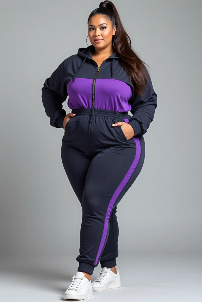 Arafed woman in a black shirt and purple leggings posing for a photo., Thick, beautiful Thick female, Thick body, photo fit, Fitted garment, Thick thigs, Thick thighs, fit curvy physique, fitness model, skinny waist and Thick hips, Thick legs, Thick, fit girl, Wide hips, curvy hourglass figure, very symmetrical body, tight suit