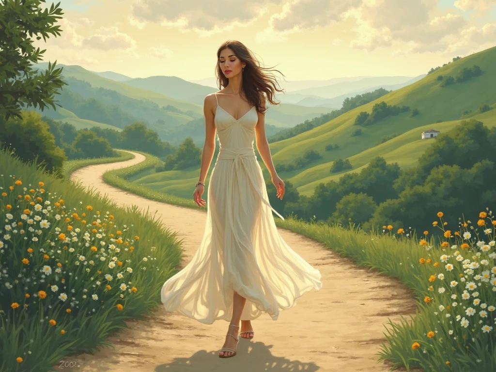 masterpiece,((Clear lines)), Limited edition palette,Highest quality, Flat Color, Low contrast, Photo quality、One girl,20s、whole body,Highly detailed face, Beautiful attention to detail,Light on the face,Cinema Lighting,View your viewers,Outdoor,Black Hair,White long dress、White high heels、Eyes of Cut-off、Single eyelid、Walking along the field path、A sky with cumulonimbus clouds in the distance、End of Summer、