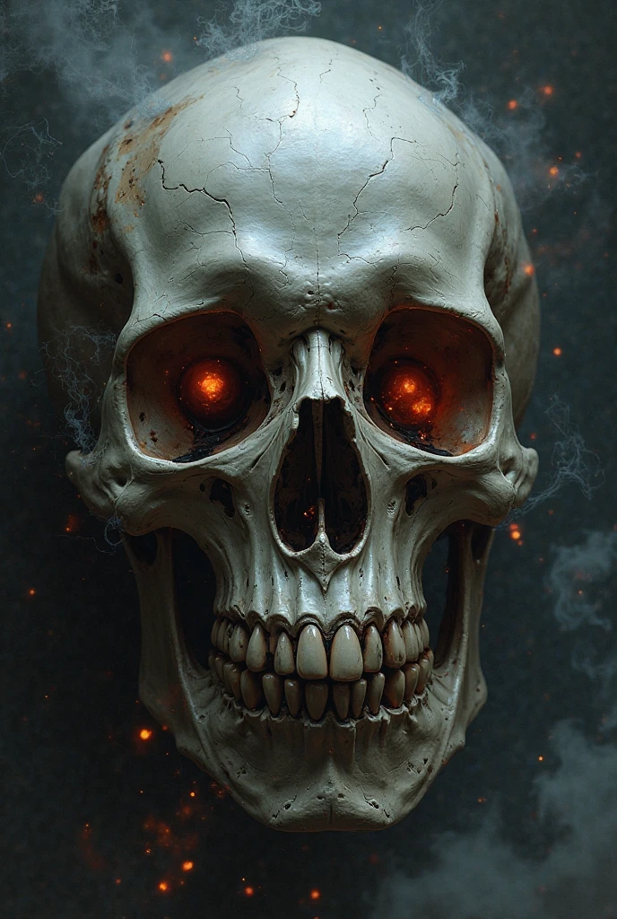 A macabre skull, with flaming red eyes on a yellowish black fido with scary teeth