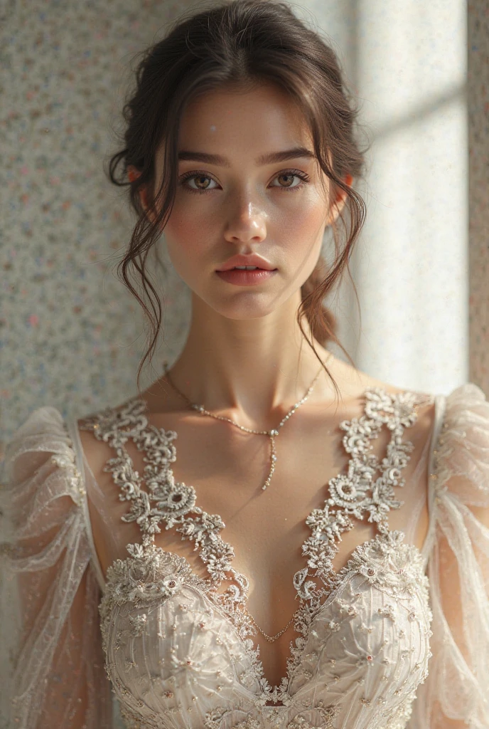 Image of Ala Fed in a white lace dress with Leonardo da Vinci's notebooks in the background, A stunningly young and elegant person, Magical Girl Portrait, Portrait of a Young Witch girl, wearing steampunk clothing, Musician girl in lace clothes, Natalia Dyer, Dafne Keen, Portrait of a Young Witch, Has magical powers, Inspired by Irakli Nadar, Inspired by William Muster Lockhart, Highest quality, detailed, detailed, Tabletop, high resolution, up Pale pink