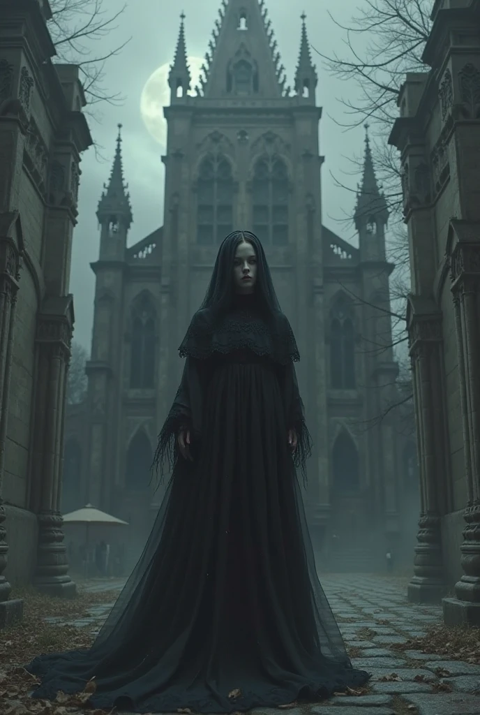 (Masterpiece:1), realistic, ((cinematic lighting)), official art, unity 8k wallpaper, ultra detailed, beautiful and aesthetic, High quality, beautiful, best quality, ((occult symbols)), esoteric, holy divination, fractal patterns, (a sister), a young 25 years old woman wearing a silver blind mask, big breast, (smile: 0.8), thin and slender, black long hair (black hair: 1.2), black lips, perfect hands, perfect fingers, straight hair, choker, (black clothes), armor, ((Cassock)), capelet, elbow gloves, a crow (a crow: 1.2), on side, full body (from below, dutch_angle: 1.1), dutch angle, gothic cemetery, horror, dark_fantasy.