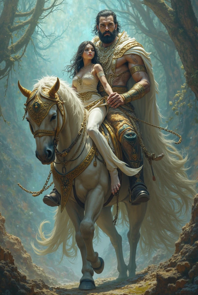 on the beach, 5 small full body, naked, naked woman lie on ground,  small man riding white horse white looking back, white feather cloak, shield, bow, sword, female greek god, white hair, masculine, mature, naked, hairy torso, fantasy, intricate, elegant, highly detailed, digital painting, artstation, concept art, smooth, sharp focus, illustration, art by gaston bussiere and alphonse mucha, almost naked