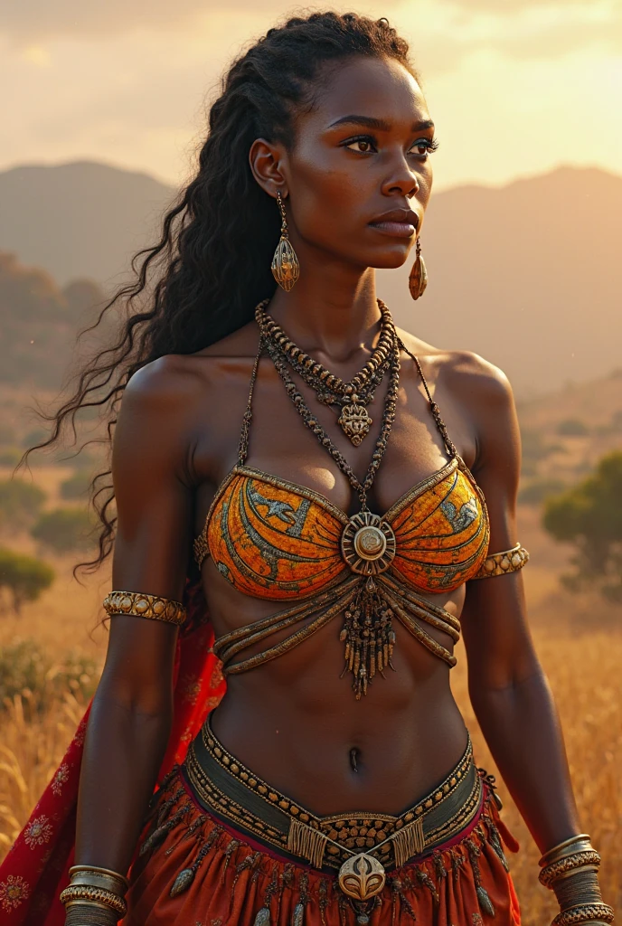Create the Empress of Africa. With her dark breasts and large hips, long straight brown hair and bright blue eyes. Wearing a dress that exposes her belly, a long skirt open at the front, standing 2 meters tall. The dress should be tiger colored. With a lion head as a hood.