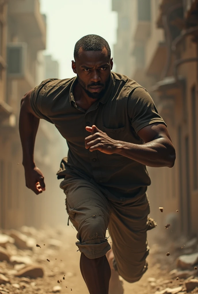 Real f black man((realistic)), He wear broken T-shirt ((high detail)), he is running ((masterpiece)), using a dynamic camera angle and dynamic pose