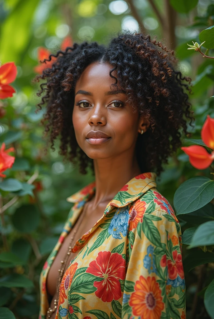 A Brazilian woman in a lush tropical garden, wearing an open shirt with a floral print, with a close-up capturing the harmonious beauty between her breasts and the natural flowers, showing off your natural charm and outgoing personality.