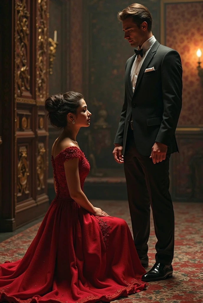 Create a realistic photograph of a smiling and beautiful indian actress in red satin carrying a large stout man on her shoulders in a room, man is sitting on top of her shoulders , man on top, woman at bottom