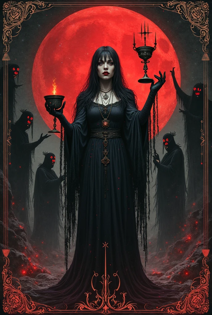 abycrimviso of absurdity close-up In the depths of scarlet color, a dark and mysterious world unfolds, where a surreal death girl and a devil with eyes of liquid gold roam, lost in the mysterious surreal landscape of scarlet dreams