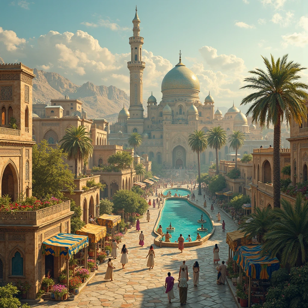 "A beautiful Arab city in the heart of the desert, with golden minarets, turquoise domes and pink sand streets. Classical Islamic architecture revisited in anime style/Pokémon/Disney, where every detail shines under the scorching sun. The atmosphere is magical, with flying carpets, fountains of fresh water and markets full of colorful spices."

🏰  architecture :
Majestic mosques with blue and gold mosaic domes (#4169E1 e #FFD700)

Torri slanciate decorate con arabeschi intricati

Case di pietra sabbiosa con finestre ad arco e tende svolazzanti

Giardini pensili con palme da dattero e fiori esotici

🎨 COLORI & LUCI:
Sunset orange (#FF8C00) that illuminate the walls

Ultramarine blue (#1E90FF) for mosque majolica

Purple shadows (#4B0082) per profondità

Riflessi dorati sulle superfici

🕌 VITA NELLA CITTÀ:
Busy markets with spice stalls, fabrics and magic lamps

Flying carpets that carry goods and people

Desert Pokémon (Trapinch, Sandshrew) che giocano tra le vie

Fontane zampillanti con giochi di luce

🌵 AMBIENTAZIONE:
Deserto infinito con dune che si perdono all’orizzonte

Oasi rigogliose con palme e pozzi d’acqua cristallina

Cielo sereno con un sole abbagliante

🎨 STILE ARTISTICO:
thick black lines (Pokémon style)

Cel-shaded shadows (Disney)

intricate details (Islamic geometric patterns)

Exaggerated light effects (glows on the metal, reflections on the water)

⚙️ LEONARDO SETTINGS.AI:
Modello: Anime

Style: Fantasy + Adventure

Enhancer: Ultra-Detailed Textures

Negative Prompt: "ruins, dark, gloomy, modern, futuristic"

💡 VARIANTI:
Aggiungi "a huge desert dragon that flies over the city"

Inserisci "a royal palace with secret gardens"

Mostra "a camel caravan that comes to the city"