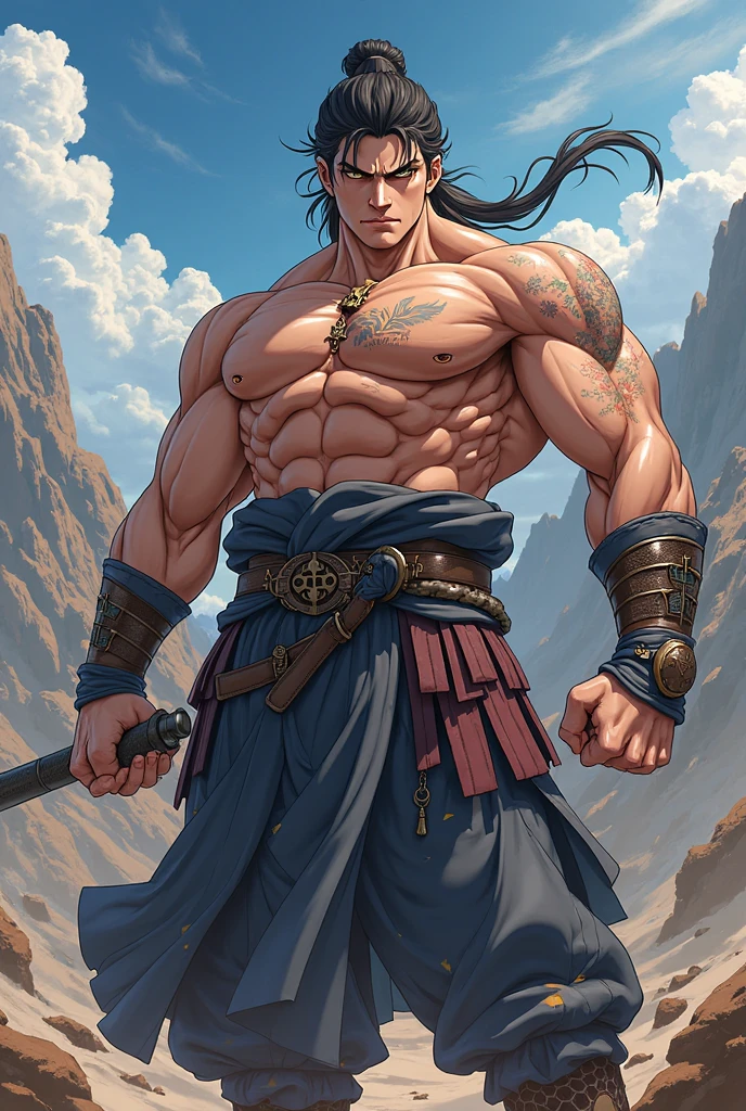 Conan Exiles Style, standing, (((((FRONT))))) young warrior (16 years old) (young face) with a sword, ready to fight, top rated pixiv, SHIRTLESS, 500lbs, front view, even shoulders, perfect massive muscles, pumped up muscles, massive muscular body, gigantic and massive chest with a narrow waist, massive shoulders, ridiculously well-shaped large pecs, eight chiseled abs, arms thick as trunks and formidable thighs. (heavily toned and huge) narrow waist, he covers his nakedness with a piece of dark brown cloth as a coarse loincloth, barbarian, brown hair, ponytail hair, white sclera, blue eyes (detailed eyes), D&D character, brave warrior, human, handsome face, young face, skill image, rocky desert behind him, sunny day, few clouds in the sky, looking at viewer, breaking the fourth wall.