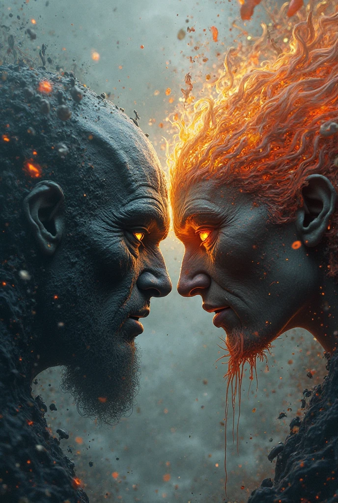 Create a striking image of the confrontation, with Mulsim and the demon facing each other, surrounded by flames and blue fires. use 9:16 ratio size
