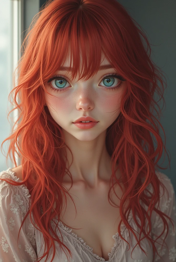 About the look of the lens, through the glass, sad face, redhead at the window