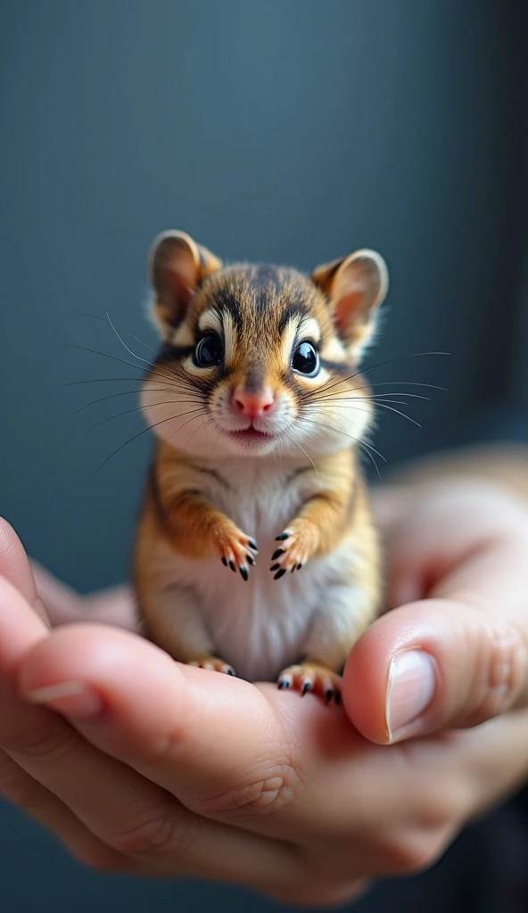 photorrealistic, 8k, Micro Tiny baby [LOBO] perched on a human finger