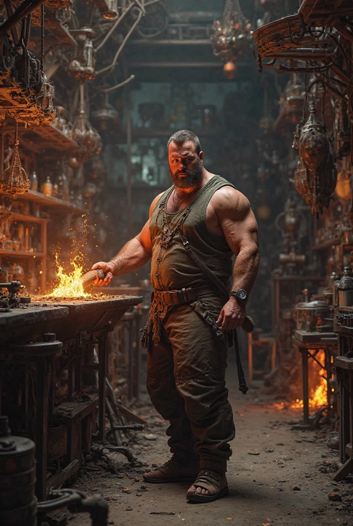 "Create a scene inside the smithy. It was a middle-aged blacksmith with a chubby body and a bald head with his hair tied back. Forging a red-hot copper sword on an iron anvil. He held a heavy hammer with both hands and was not wearing a shirt. Behind him, an elderly blacksmith was watching. It has a blast furnace with a hot fire and an orange-red glow. The atmosphere in the forge was hot and full of energy."