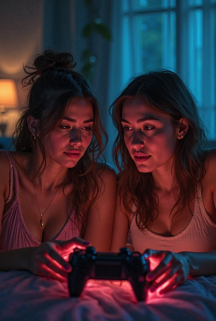 8k, masterpiece, RAW photography, top quality, photorealistic. The focus is on a 2 classy and exciting woman with symmetrical features, perfect dimples, and delicate, harmonious facial features. Brown hair. Nice nekline, playing video game on a sofa.