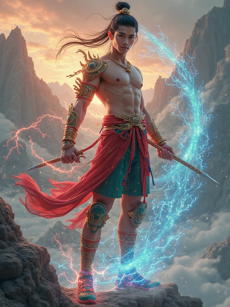 best quality,ultra-detailed,realistic,photorealistic:1.37,Percy Jackson in Camp Half-Blood,beautiful detailed eyes,beautiful detailed lips,demigod,camp training,mythical creatures,Greek gods,heroic pose,thunderbolt,powerful water manipulation,determined expression,swordsmanship,chase scene,campfire lighing,green scenery,magic artifacts,quest,hidden cabin,camp activities,Mediterranean color palette,vivid colors,supernatural powers,strong athletic build,heroic outfit,thunderstorm background,prophecy,mythological battles,mythical armor,mythical weapons,ancient ruins,misty mist formation,sacred symbols,heroic companions,adventurous journey,clash of titans,magical boundary,destiny fulfillment,unleashing inner strength,fearless hero,ancient prophecies,Mount Olympus in the background,lush forests,mythical beasts,underworld exploration,battles against monsters,protection charms