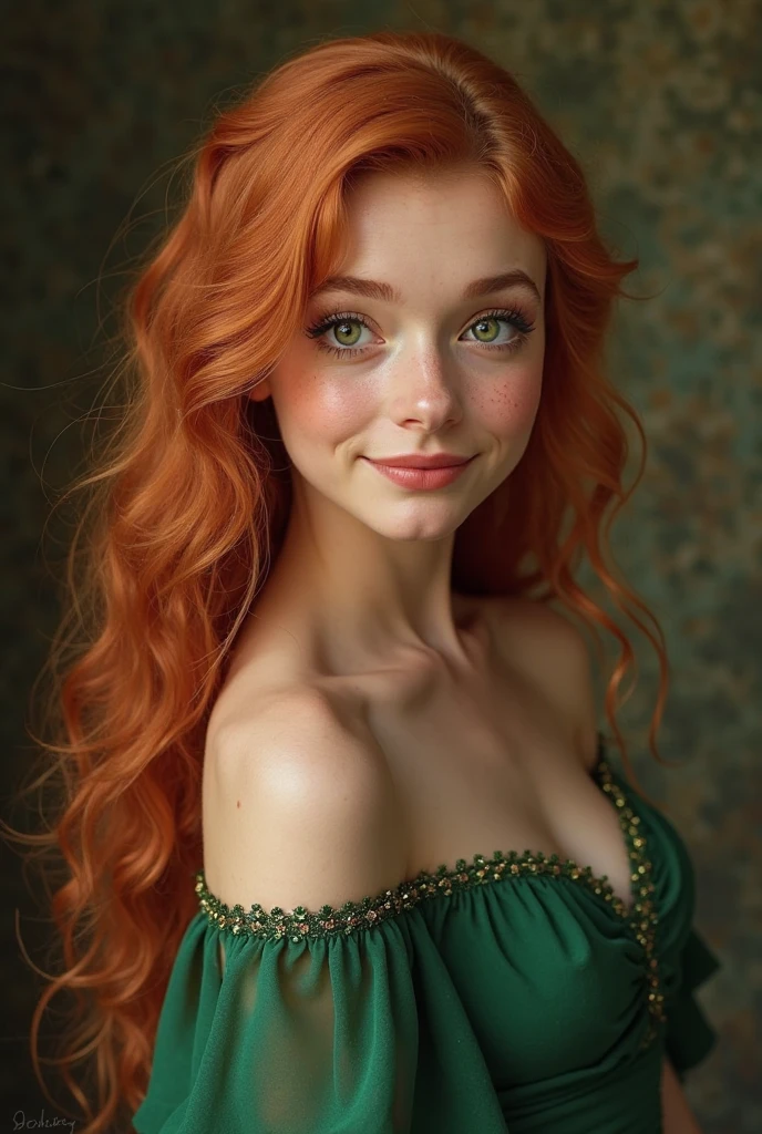 1 Red-haired girl with fair skin, green eyes, smiling, almost red hair, ((best quality)), ((Work of art)), ((full body)), (detailed), symmetrical human physiognomy, perfect face, facial symmetry, Greek features, photo 9x16