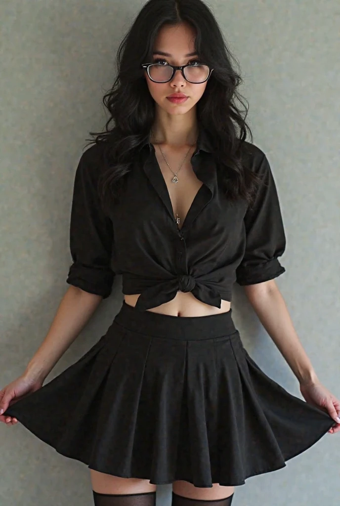 Brunette girl crepe pleated skirt and embroidered cropped set