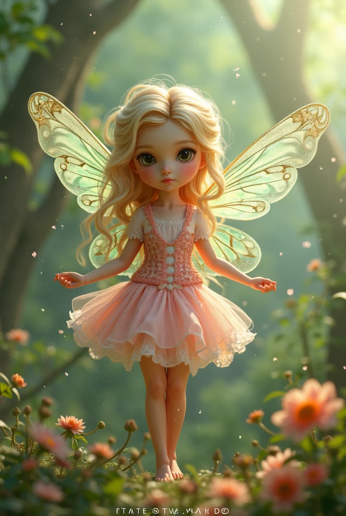 Dreamy  in a Fairy Costume”: A young girl with large, dreamy eyes, dressed in a delicate fairy costume with wings and a wand, standing in a flower-filled garden. [Pixar-inspired, magical and whimsical, pastel colors].