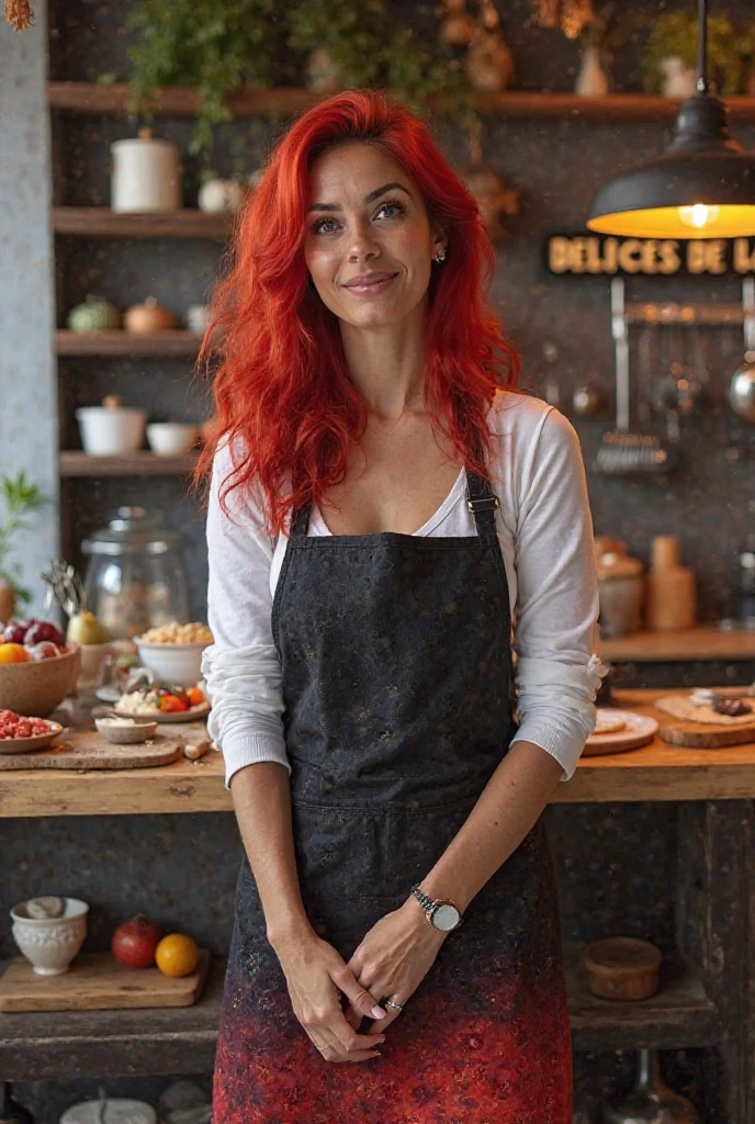 "A smiling woman facing the camera. She is wearing an outfit that reveals her cleavage, complemented by very deep blue-purple hair styled in flowing waves, adding depth and dimension. The hair shimmers under the light, highlighting its rich texture. The background features a cozy kitchen with various utensils and food items. In the foreground, there are two jars filled with vibrant pickles, with clear labels visible. The image includes contrasting text that says 'Packaged' to emphasize."