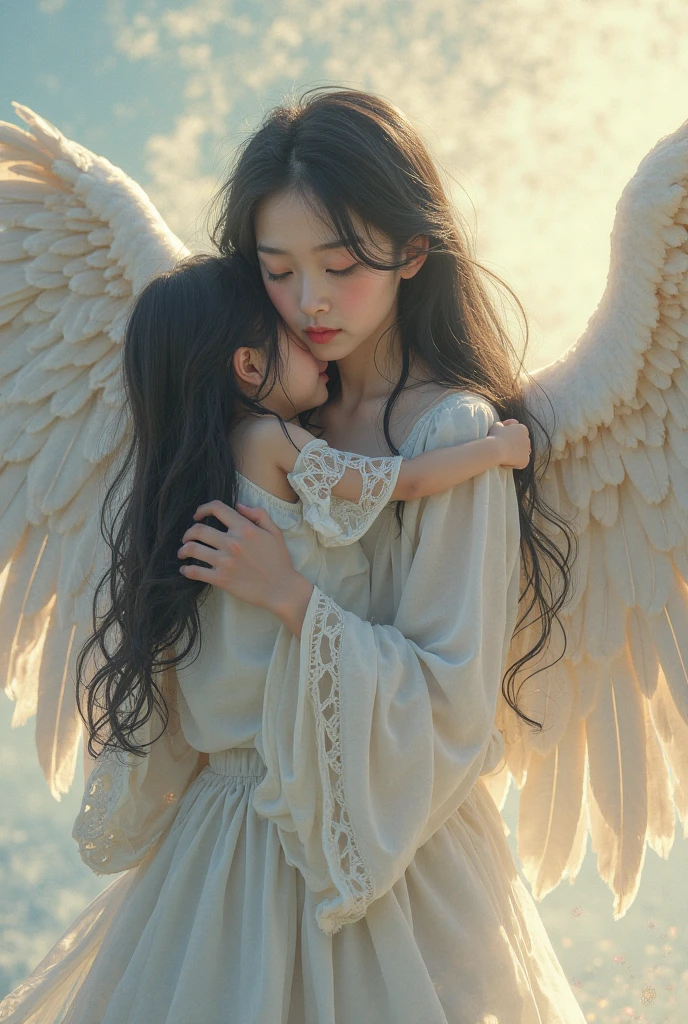 A thoughtful angel woman, with wings delicately spread, embraces a young in the pouring rain. Her eyes radiate warmth and compassion as she holds him tight, shielding him from the wet elements. The raindrops cascade down her face and onto the 's upturned face, creating droplets on their cheeks and a gentle sheen on their skin. Her wings, transparent and delicate, shimmer in the dim light, adding a mystical and ethereal touch to the scene. The rainwater forms small puddles around their feet, and the earth beneath them is slick and muddy. The angel's luscious, wavy hair clings to her shoulders