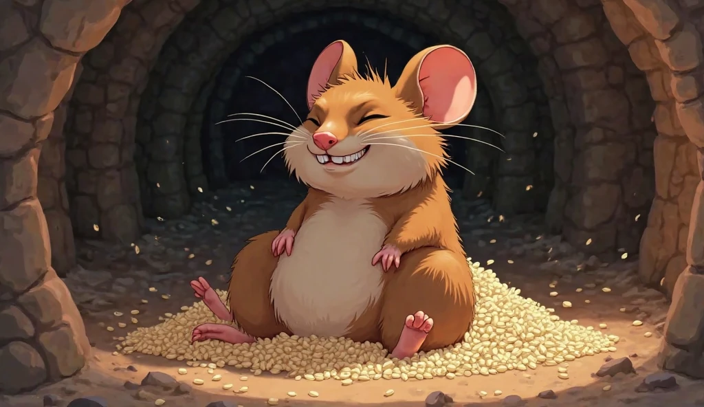 (Highest quality, masterpiece, High resolution)、4K Anime Art、Soft Light, A smug, overconfident Brown colour sneaky rat sitting atop a pile of rice inside its burrow, looking completely relaxed. It leans back with a satisfied grin, eyes closed, believing its food supply will never run out. The burrow is dimly lit, with tunnels extending in different directions, and a few scattered grains of rice on the ground.