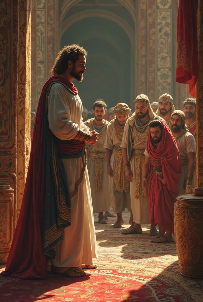 Biblical character Joseph as governor reuniting with his 11 brothers 

