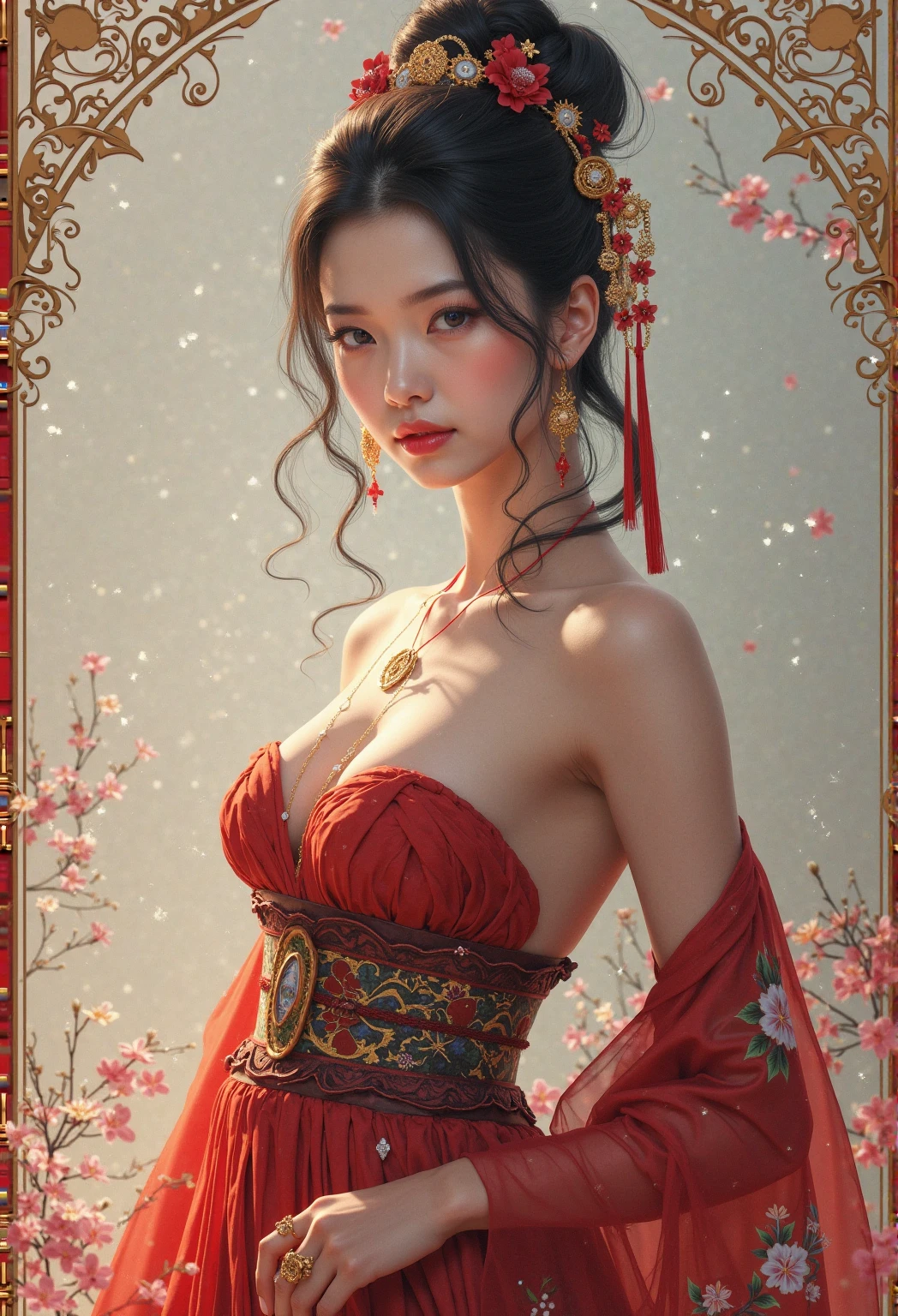 (8k, RAW photo:1.2),best quality, ultra high res,dramatic angle,(fluttered detailed color splashs), (illustration),(((1 girl))),(long hair),(rain:0.9),(hair ornament:1.4),there is an ancient palace beside the girl,chinese clothes,(focus on), color Ink wash painting,(color splashing),colorful splashing,(((colorful))),(sketch:0.8), Masterpiece,best quality, beautifully painted,highly detailed,(denoising:0.6),[splash ink],((ink refraction)), (beautiful detailed sky),moon,highly,detaild,(masterpiece, best quality, extremely detailed CG unity 8k wallpaper,masterpiece, best quality, ultra-detailed),(Lycoris radiata),gigantic breasts