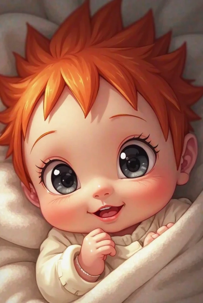 Baby boy, red hair, red eyes, looking right, holding his feet with his hands, lying on a white bed, laughing, anime
