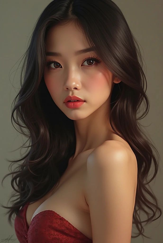 breasts, smile, blush, Long hair, open mouth, black hair, looking at the viewer, 1 girl, 