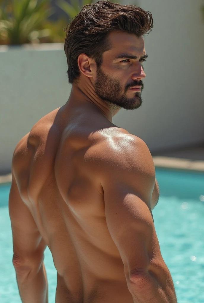 masterpiece, best quality, high resolution, closeup portrait, male focus, background of sunset and pool and palms, 30 years old, brown hair, messy hairstyle, cute and seductive face, bare chest,  3 tatoos on chest and shulder, roman nose, muscled body, dimples, short beard, seductive smirk, amazing composition, front view, HDR, ultra quality, elegant, highly detailed
