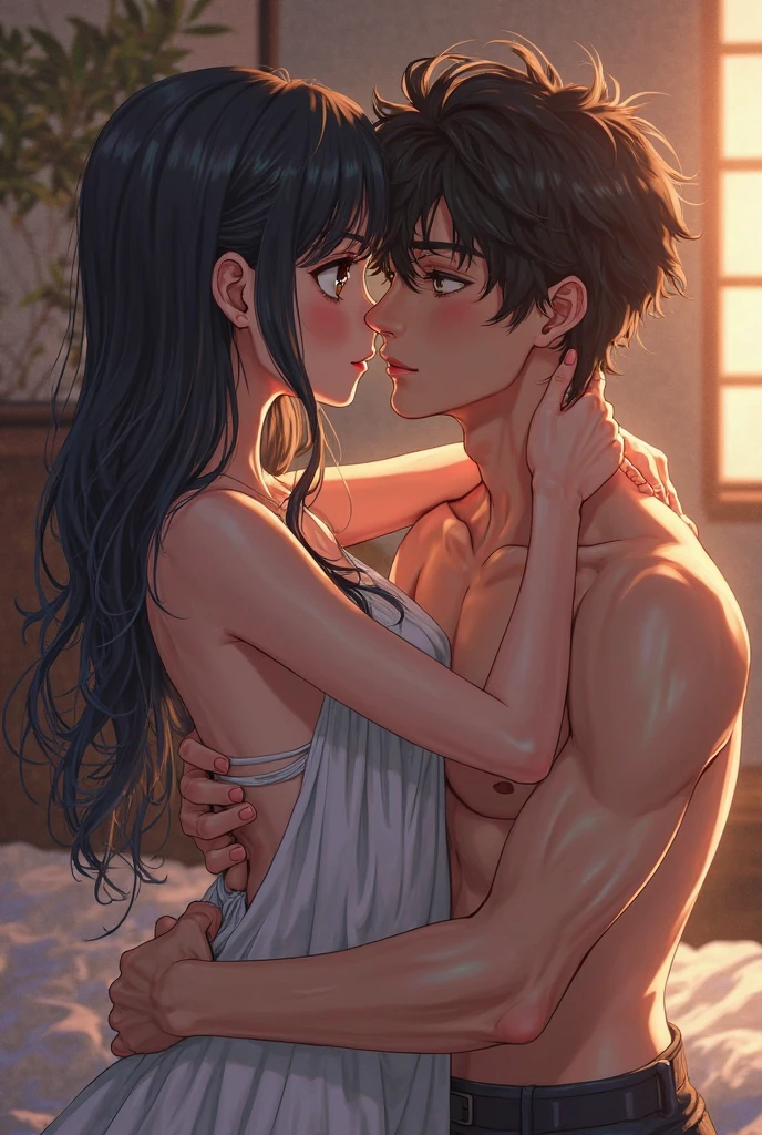 boy and girl. A dimly lit room. On a bed. Cute Japanese youg girl fighter with black hair shorts cut kissing her boyfriend. Eyes closed. Tiny breasts. Completely naked.