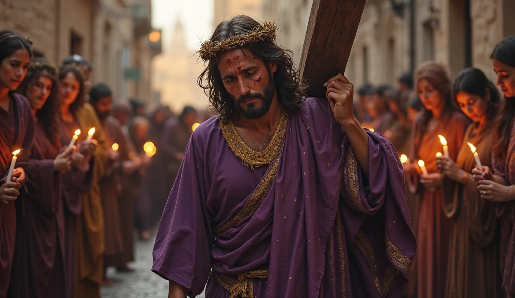 Crucifixion of Jesus of Nazareth, on the mount of olives, with people around the mountain, with blood, with crown of thorns, recreation of the right moment.