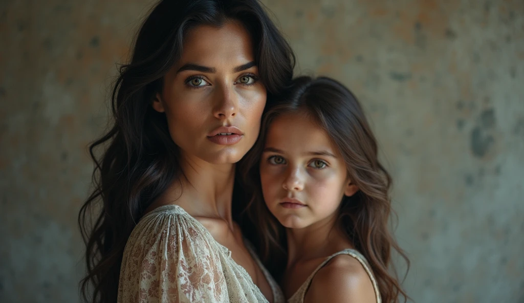 Real professional photography of two people as the main subjects of the photo, an adult woman and her daughter. They have vibrant blue eyes and long black hair, but it's a bit messy. Both should have beautiful, well-defined but slightly dirty faces and should be looking directly at the camera with serious, introspective expressions, conveying a sense of sadness and vulnerability. They are sitting together at a table in a restaurant, with the mother having a protective arm around her daughter's shoulders. They are wearing simple, worn-out clothes in dark, neutral tones. The background is blurred, showing what appears to be the interior of a restaurant at dusk and points of light in a bokeh effect. There is still natural light outside contrasting with the artificial light inside. The photograph should capture extreme detail, with a high-quality rendering in 8k, with professional photographic quality and attention to detail that conveys the realism of a restaurant.