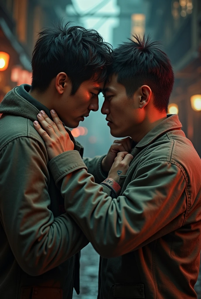 ((Highest quality)), ((masterpiece)), (detailed), Japanese, male, Gay, Yakuza, Muscular, cave, kiss