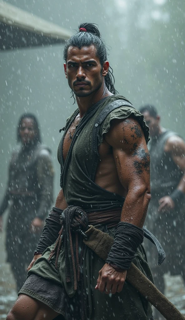 masterpiece, detailed, intricate, epic fantasy, colorful, full body, slight angle, man, 40 years old, hulking, brawny, fitted, ankle wraps, very hairy torso, big strong hands, fine detailed, running, intense action, dynamic juxtaposition, skimpy revealing slavery outfit, receding hairline, smirk, gladiator, with a sword, blades, big ancient city on fire in the background, heavy rain, smoggy, pointing away, depth of field, particle effects, high quality shadows, intense action