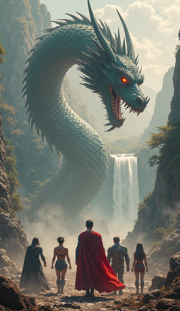 Chinese style red dragon,Dragon and human alliance,A group of people,background chinese style,Mountains and rivers,dragon huge