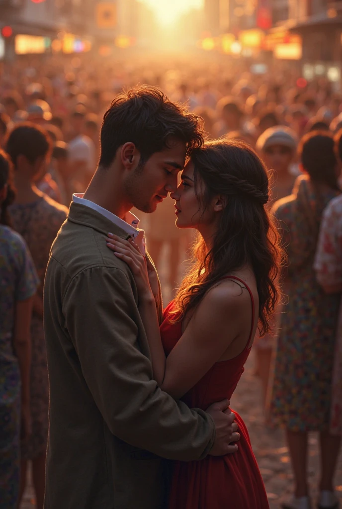 Romantic profile of the couple, Orange, Red,4K, Illuminated, Starry Night, People Dancing, Sound, Music Band