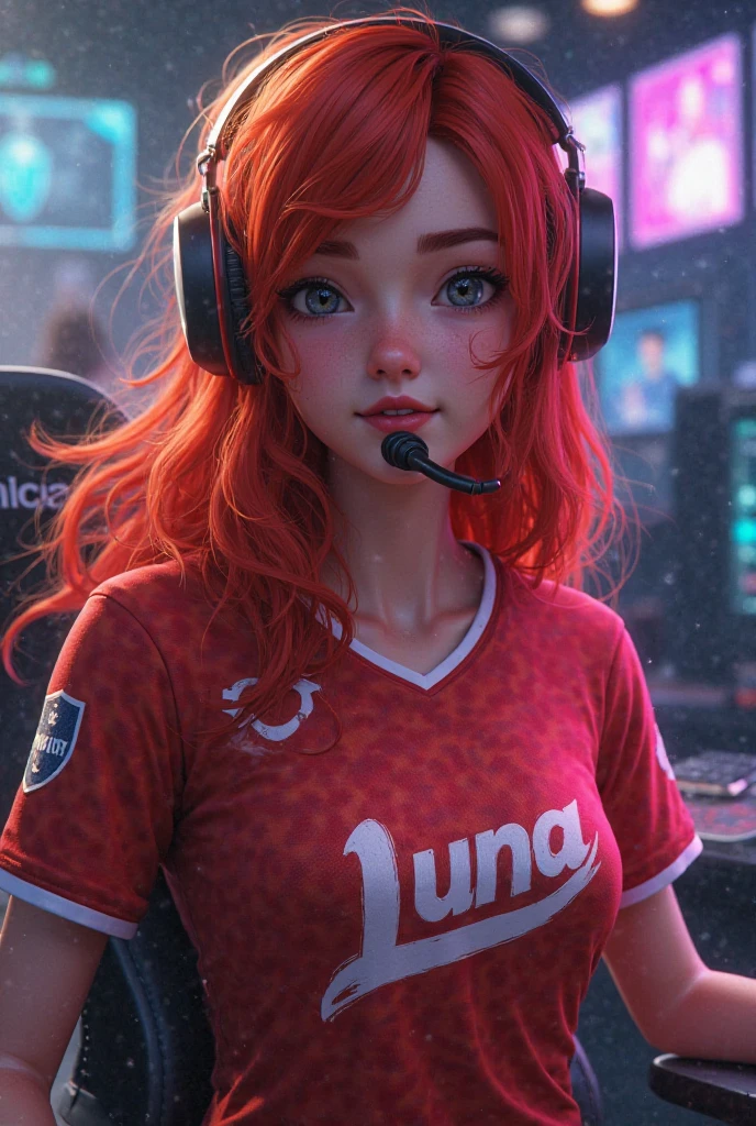 Female Devil support cheergirl outfit Red hair poneyTail a smile Devil's horn Devil's Wings Devil's Tail belly button piercing Headset microphone Suntan-Skin Healthy double tooth