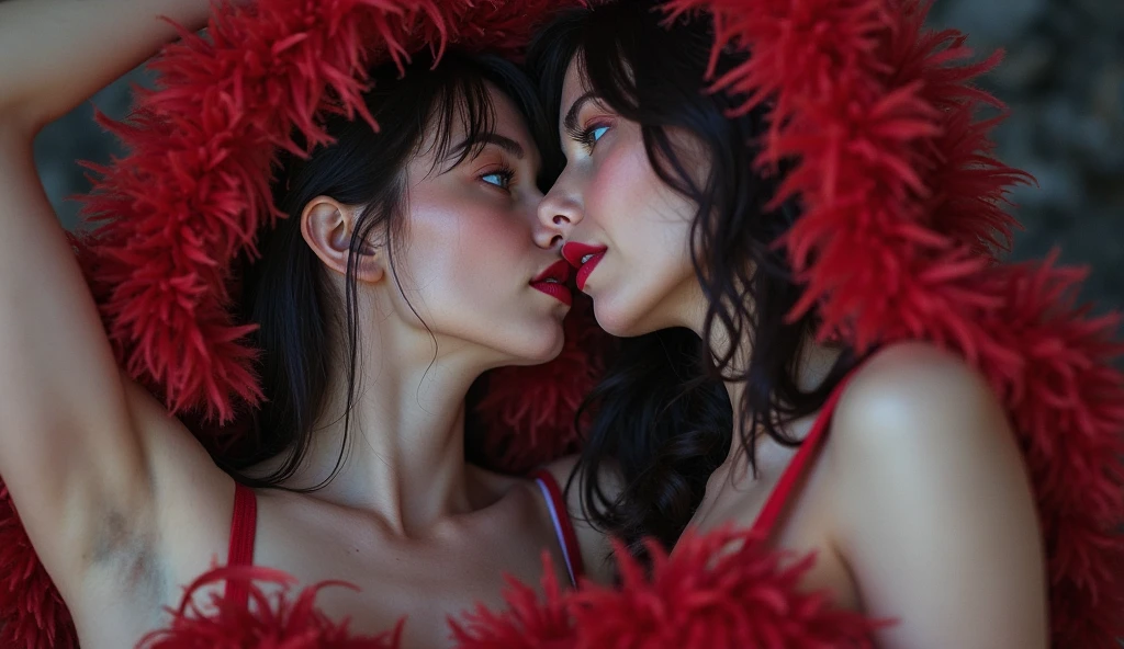 2 heads,Photo of a 50-year-old woman with brown hair, captivating gaze, brown eyes, Wrinkles on her face, black pantyhose,Black High Heel Boots,She wears very sexy lingerie underwear、、Revealing her large sagging breasts, Light makeup and red lips. 32K