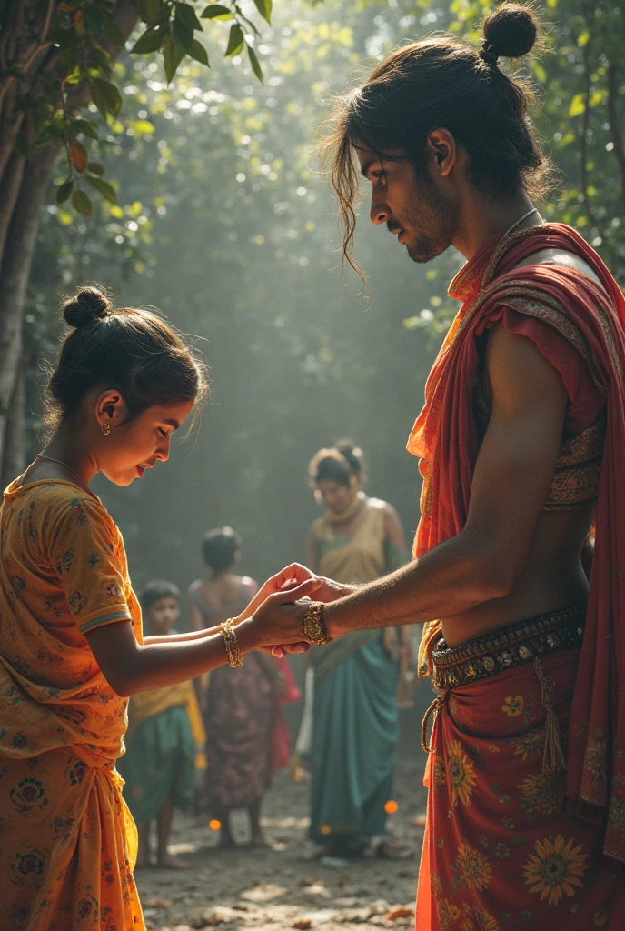 Small girl giving  to indian men in forest