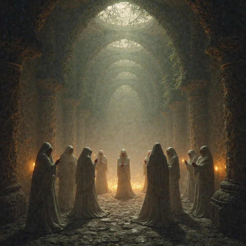 5. Des visions floues et mystiques d'une civilisation ancienne, avec des habitants en tenues traditionnelles effectuant des rituels mystérieux.