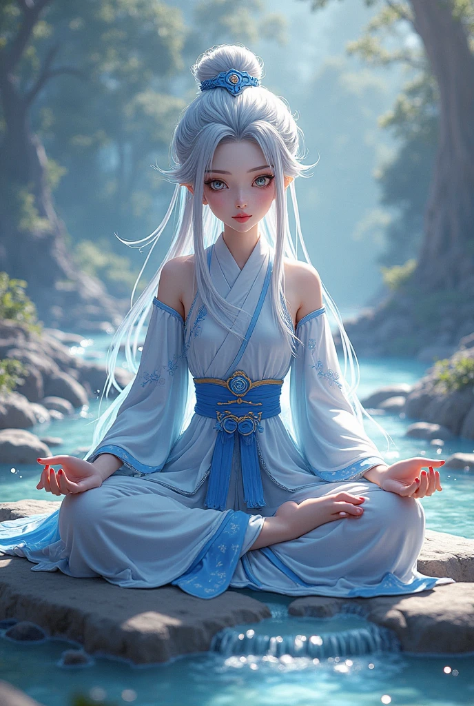 (masterpiece, best quality), 1girl, Baby blue Mohawk Updo, Size G breasts, <lora:girlliketakigyoV2:1> takigyo, mudra, close hands together, meditation, falling water hitting body, close eyes, daze eyes, see through hanfu