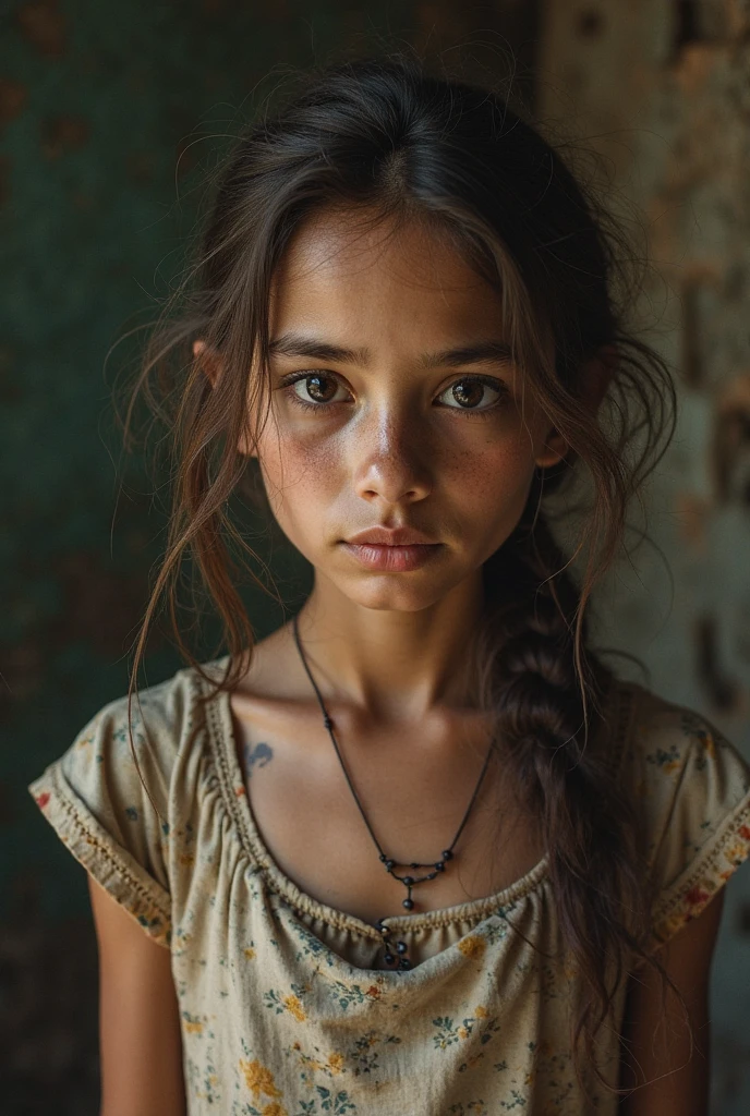 "Représentation ultra-réaliste d’une petite fille, Assis avec chagrin, Agonie, ((gouttes ophtalmiques séchées, Visage focalisé sur l’appareil photo)), désordonné, palestinien, cheveux bouclés, visage et chiffon poussiéreux,(( Une ville détruite en arrière-plan, feu, cadavre humain sur le sol, certaines personnes pleurent, bâtiment détruit)), hyper détaillé, Couleur dynamique, nuance noire et grise, Image super émotionnelle, sur une toile de fond sombre et obsédante et entouré d’une fumée noire tourbillonnante. L’image doit être dans un 16 captivant:Format 9." avion bonbardier au loin une petite lueure de soleil levant brille
