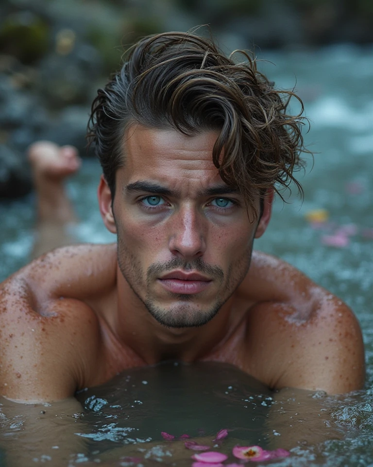 David Beckham half naked soaking in the river showing his pubes area with wet hair and showing his muscles