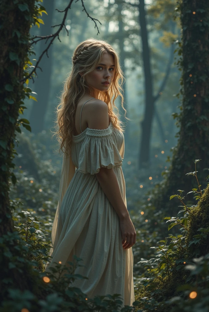 Mid-range camera shot at eye level. An incredibly beautiful 16 year old girl, slim, big breasts, fit body. Long wavy blonde hair braided. Standing within a dense and deep mystical forest. The forest is shrouded in dense fog. She is standing next to a giant ancient oak tree. She looks playfully at the camera and the sun illuminates her from behind. She wears a revealing elf-style dress. Sunset lighting. Very tall forest vegetation surrounds it.