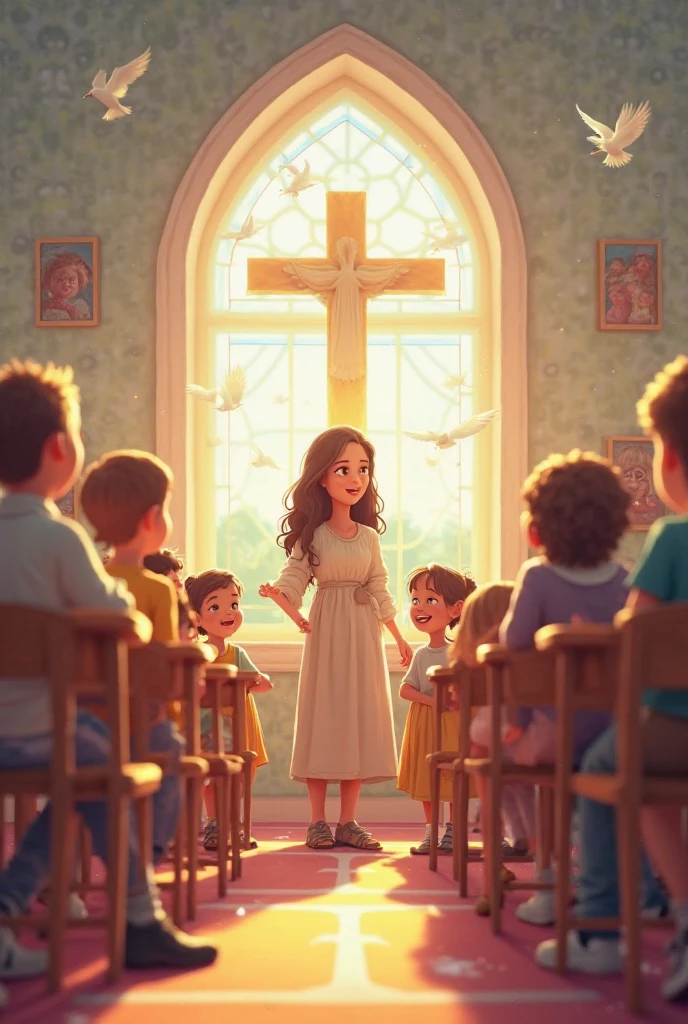 Disney Pixar style poster of a 25 year old woman with long dark brown hair, freckles and light brown eyes. Surrounded by many 5-year-old boys and girls. All of them sitting on the floor with their hands together in prayer.. In the background is the silhouette of Jesus of Nazareth with open arms and a beautiful glow..
Everyone is smiling inside a church full of light looking at each other.